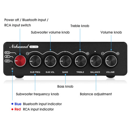 Nobsound NS-14G 2.1 võimendi, helivõimendi, Bluetooth 5.0 HiFi stereo 200W 2.1-kanaliga subwoofer-võimsusvõimendi kõrgete ja bassisageduste juhtimisega kodu- ja autokõlaritele
