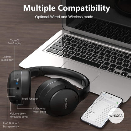 RUNOLIM Bluetooth kõrvaklapid, kõrvapealsed, aktiivse mürasummutusega kõrvaklapid, juhtmevabad Bluetooth kõrvaklapid, 70 tundi mänguaega, ANC-režiimiga, kõrglahutusega heli, sügav bass, varustatud 3,5 mm audiokaabliga