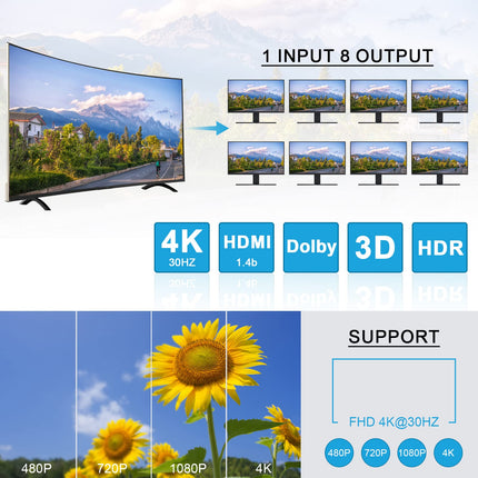 TCNEWCL 4K HDMI jaotur 1 sisend 8 väljundit samaaegne 1x8 audio-video HDMI jaotur toiteallikaga, toetab 3D-d, HDCP-d, ühildub HDTV, Xboxi, PS4, Blu-ray-mängija ja projektoriga