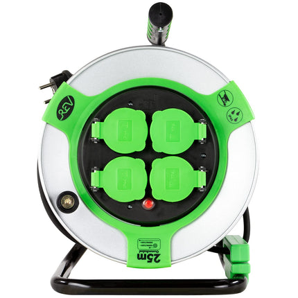 REV EX cable reel, 25m, H05RR, IP44, 3000W, with sliding contact, outdoor cable reel, 4 sockets, green