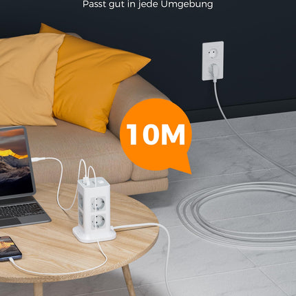 TESSAN 8-suunaline pikendusjuhe USB C ja 3 USB A pistikuga, 10M pikenduskaabel, pikendusjuhe ülepingekaitsega, mitu pistikut lülitiga koduseks kasutamiseks, võimsusmast 3600W