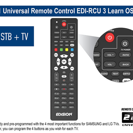 Edision PING T2 C maapealse ja kaabeltelevisiooni vastuvõtja DVB-T2 C H.265 HEVC kaardilugeja Full HD PVR, 2xUSB, HDMI, SCART, LAN, S PDIF, IR Eye, R2232, USB WiFi tugi, universaalne 2-ühes kaugjuhtimispult, must