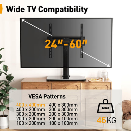 PERLEGEAR pöörlev telerialus 24–60 lamedatele ja kumeratele teleritele kuni 45 kg, reguleeritava kõrgusega telerialuse jalad ja stabiilne telerialus, universaalne telerialus, max VESA 400x400 mm
