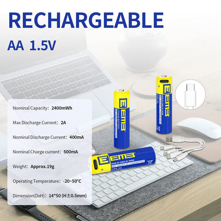 EEMB AA Batteries Rechargeable Lithium Batteries 1.5V 2600mWh USB Type C Charging Cable Replacement Battery (12-Pack)