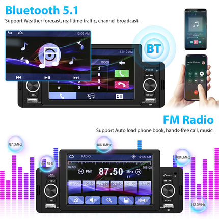 Podofo autoraadio 1 DIN Bluetooth-vabakäesüsteemiga, 5-tolline puutetundlik ekraan, ühe DIN-iga autostereo, ekraanitugi FM, peegliühendus, kaugjuhtimispult + tahavaatekaamera ja mikrofon