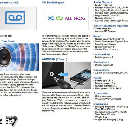 Philips AZ127/12 CD-helimasin, kaasaskantav CD-mängija (FM-raadio, CD, kassettmakk, dünaamiline bassivõimendi, helisisend) hõbedane