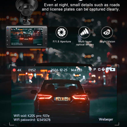 Auto videoregistraator ees/taga 4K, WiFi-ga videoregistraator 64 GB SD-kaardiga, tagurdamisassistendiga auto videoregistraator, öönägemine, 170°+140° lainurk, 3" IPS, parkimise jälgimine, G-andur, tsükkelsalvestus, jagatud laadimiskaabel, MAX 256G