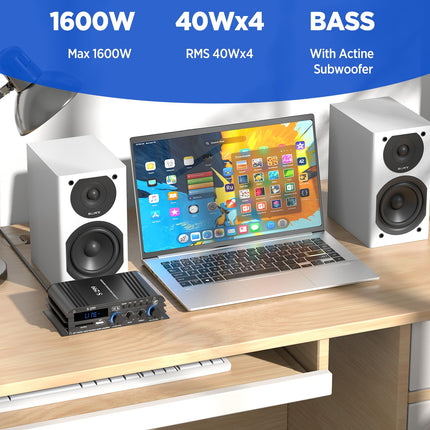4.1-channel amplifier, 1600W mini hifi amplifier, Bluetooth 5.0 for home speakers 40W x 4 + active subwoofer from 110-240V to 12V with USB TF slot MP3 player with remote control