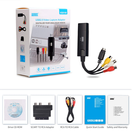 USB 2.0 Audio Video Grabber Converter - August VGB100 - Scart, S-Video, Composite - VHS Hi8 cassette camcorder digitize to DVD transfer video adapter SECAM PAL - for Windows 11/10/8/7/Vista/XP
