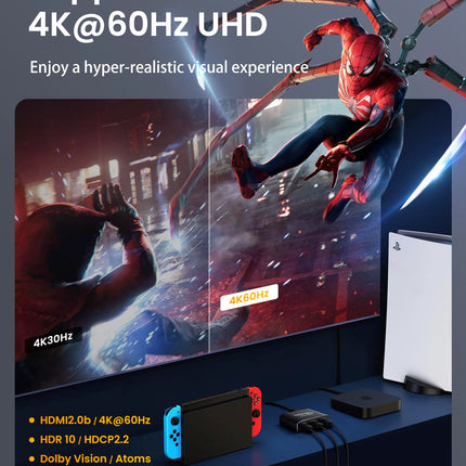 HDMI-lüliti 3-ühes väljundiga 3,9 jala pikkuse HDMI-kaabliga, Avedio Links alumiiniumsulamist HDMI-lüliti, 4K 60Hz HDMI-lüliti toetab Dolby Atmost, HDMI-jaotur 3-ühes väljundiga PS5 Xbox Roku TV Fire Sticki jaoks