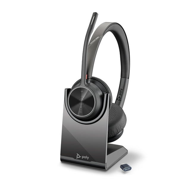 Poly Voyager 4320 UC juhtmevabad peakomplektid ja laadimisalus – stereokõrvaklapid mürasummutava mikrofonivarrega – ühendub arvuti/Maci/mobiiltelefoniga Bluetoothi ​​kaudu – ühildub Teamsi, Zoomi ja muuga