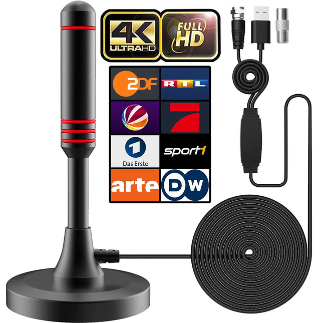 DVB-T/DVB-T2 antenn võimendiga - HDTV siseantenn teleritele, pika leviala ja 360° vastuvõtuga, magnetilise alusega - 5-meetrine kaabel, toetab 4K HD kanaleid ja kõiki telereid