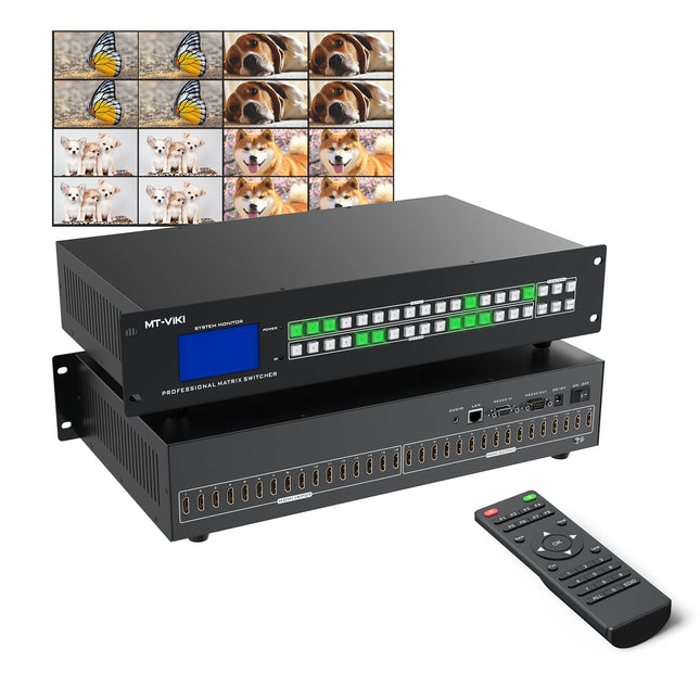 MT-VIKI HDMI maatrikslüliti 16 sisendit ja 16 väljundit, toetab veebijuhtimist, 3,5 mm stereoheli, IR-kaugjuhtimispuldi ja riiulile kinnitatava 4K@30Hz EDID RS232 LAN-pordiga.