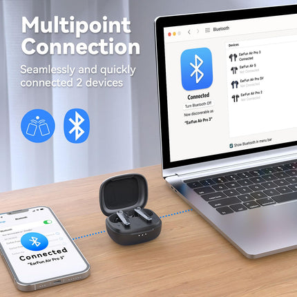EarFun Air Pro 3 Bluetooth kõrvaklapid, 43dB hübriidsed aktiivse mürasummutusega juhtmevabad kõrvaklapid, HiFi heli Qualcomm aptX adaptiivne, 6 mikrofoni cVc 8.0 kõned, mitmikpunkt, 45H aku, rakenduse juhtimine