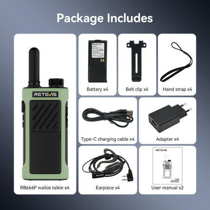 Retevis RB666P Walkie Talkie, Professional Walkie Talkie, Fast Charge, 1500mAh, Type-C, PMR446, VOX, Squelch, Rechargeable Two-Way Radio for Restaurants, Retail (4 Pack, Black)