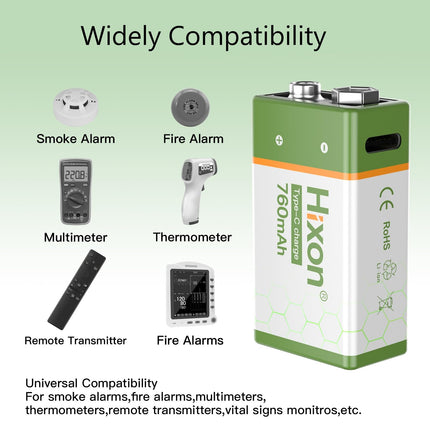 Hixon 9V USB-C Battery, Rechargeable Lithium 9V Block Battery, 760 mAh High Capacity with Type-C Charging Cable, for Smoke Detectors and Multimeters, 4 Pieces 9V Lithium Battery