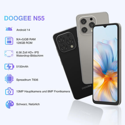 DOOGEE N55 nutitelefon ilma lepinguta Android 14-128GB+9GB /1TB mobiiltelefon ilma lepinguta, kaheksatuumaline 6.56" HD+ IPS 90Hz nutitelefon soodne, 5150mAh 13MP+8MP, kahe SIM-kaardiga 4G SIM-kaardita mobiiltelefonid, Face ID/GPS/OTG