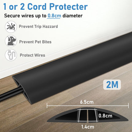Floor Cable Protector, 2m Black Wire Covers for Cables, Flexible Rubber Cable Floor Cover with Pre-Cut Cable Channel for Indoor Home Office Gym Carpet Tidy