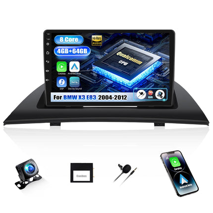 [8 tuumalist 4+64G] SIXWIN Android 13 autoraadio CarPlay/Android Auto toega BMW X3 E83 (2004-2012) mudelile, 9-tolline puutetundlik ekraan WiFi, GPS, Bluetooth, FM/RDS EQ ja tahavaatekaameraga
