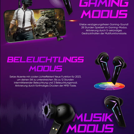 ROTTER® juhtmevabad Bluetooth-mobiilsed mängukõrvaklapid, äärmiselt madal latentsusaeg 50 ms, Bluetooth 5.3, kahe režiimiga, 35 tundi mänguaega, IPX4 veekindlus, 6 mikrofoni (mustad)