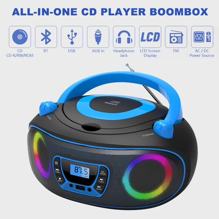 Kaasaskantav stereo CD-mängija boombox FM-raadio, Bluetoothi, CD-R/CD-RW/MP3/WMA taasesituse, USB-pordi, AUX-sisendiga ja kõrvaklapipesaga