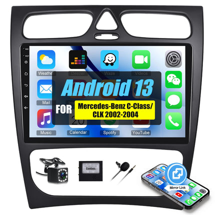 [1+32G] SIXWIN Android 13 autoraadio Mercedes-Benz C-klassile/CLK-le (2002-2004) koos Carplay/Android Auto/Mirrorlinkiga, 9-tolline mahtuvuslik puuteekraan WiFi, GPS, Bluetooth, FM/RDS, USB, Canbus ja tahavaatekaameraga