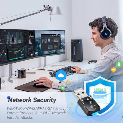 【2-ühes】 USB WiFi-pulk arvutile ja 5.4 Bluetooth-adapterile, AX900 WiFi6 USB WiFi-adapter kahesageduslik 2.4GHz/5GHz sisemine antenn 5dBi ühildub Windows 11/10/8.1/8/7-ga, arvuti/lauaarvuti/sülearvuti jaoks