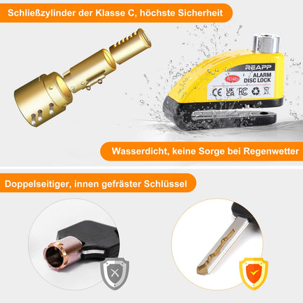 REAPP Brake Disc Lock, Motorcycle Lock Alarm 110db, High Security Motorcycle Lock with 1.5m Recall Cable and Lock Bag, Alarm System for Moto, Moped, Bicycle, Scooter (with Disc Brake)