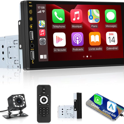 NHOPEEW 1 DIN autoraadio Carplay ja Android Autoga - 7-tolline HD puutetundliku ekraaniga raadio - Mirror Link, Street Wheel Control, Bluetooth, 7 värvilist taustvalgustust, FM + tahavaatekaamera ja mikrofon