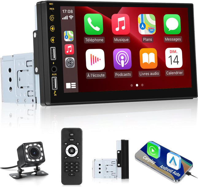 NHOPEEW 1 Din Car Radio with Carplay and Android Auto - 7 Inch HD Touchscreen Radio - Mirror Link Streer Wheel Control Bluetooth 7 Colorful Backlight FM + Rear View Camera &amp; Mic