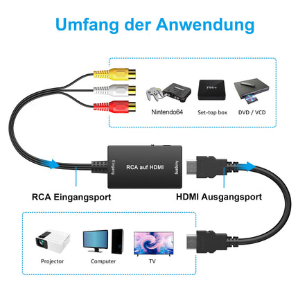 uhdadi RCA-HDMI muundur, 1080P komposiit CVBS AV-HDMI video-audio muunduri adapter HDMI-kaabliga PS2/Xbox/SNES/N64/VHS/VCR videosalvesti DVD jaoks, toetab PAL/NTSC-d (must)