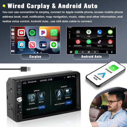 7 inch LCD touchscreen 2 DIN car radio with Android Auto Carplay wired, car radio 2 DIN with Bluetooth FM car audio support Mirror-Link SWC settings backlight colorful rear view camera