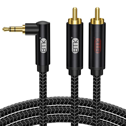 EMK RCA kaabel nurga all pistik 3,5 mm - 2 RCA kaabel 90-kraadine 3,5 mm pistik Y-jaoturkaabel RCA (R&amp;L) nailonist punutud ristkülikukujuline AUX nutitelefoni, kõlari, heliriba, teleri, autostereo jaoks (2 meetrit)
