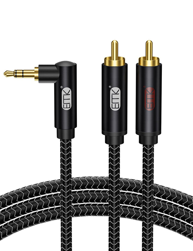 EMK RCA kaabel nurga all pistik 3,5 mm - 2 RCA kaabel 90-kraadine 3,5 mm pistik Y-jaoturkaabel RCA (R&amp;L) nailonist punutud ristkülikukujuline AUX nutitelefoni, kõlari, heliriba, teleri, autostereo jaoks (2 meetrit)