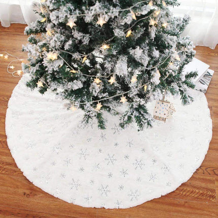 BAKAJI Christmas tree rug, diameter 78 cm, made of soft plush, white, snow effect with snowflake decoration, Christmas decoration (silver)