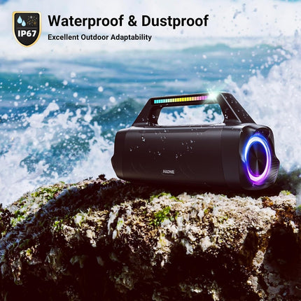AKONE Bluetooth Speaker, 80W Peak Music Box Bluetooth Large Bass Boost with LED Light, Rolling Stereo Sound Soundbox, 20h Battery, IP67 Outdoor Speaker Boombox for Parties, Beach, Camping