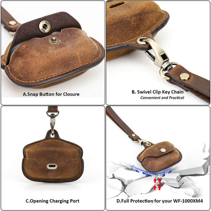 Hiram Handmade Genuine Leather Travel Headphone Case Compatible with Sony WF-1000XM4 True Wireless Durable Headphone Carrying Bag (Coffee)