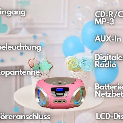 Cyberluxi CD-mängija LED-valgustusega, kõrvaklapipesaga, kaasaskantav stereoraadio, lasteraadio, stereosüsteem, USB, CD/MP3-mängija, FM-raadio, kõrvaklapipesa, Aux-sisend Pretty Kitty Pinkis