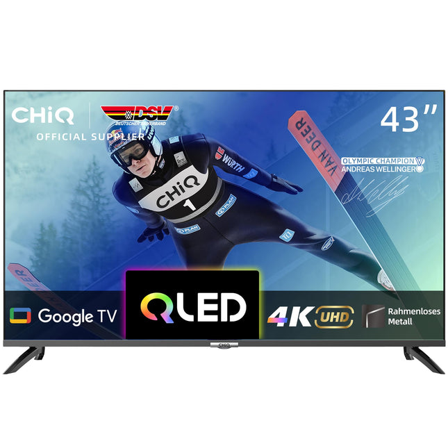 CHIQ TV 43-tolline (109 cm) 4K HDR10, QLED Google TV, 60Hz, Dolby Audio, nutiteler Google Assistantiga, Prime Video, Netflix, kahesageduslik WiFi, HDMI, USB, must raam, U43QM8G