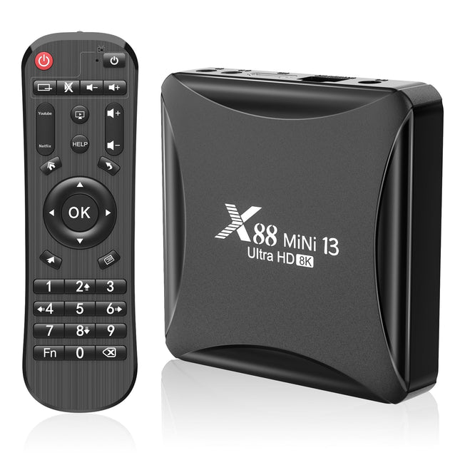 Android TV Box 13.0, Android Box 4 GB RAM 64 GB ROM RK3528 neljatuumaline 64-bitine Cortex-A53 protsessor Toetab 2.4/5.0 GHz kahesageduslikku Wi-Fi 10/100M Etherneti USB 2.0 8K