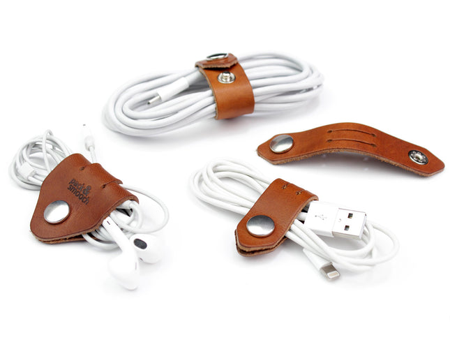 Pack &amp; Smooch Cable Organizer Set, Cable Holder, Cable Ties 100% Vegetable Tanned Leather Made in Germany, Light Brown