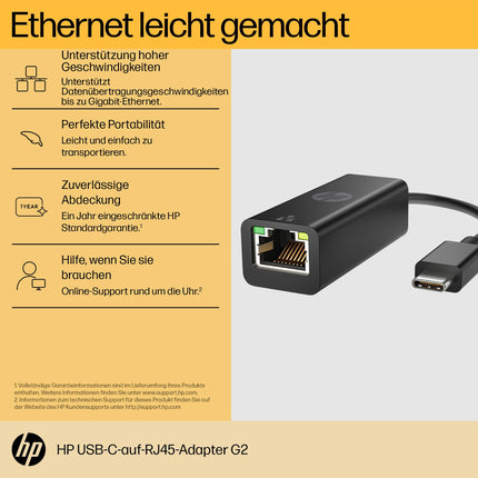 HP USB-C to RJ45 Network Adapter with Status LED, Black