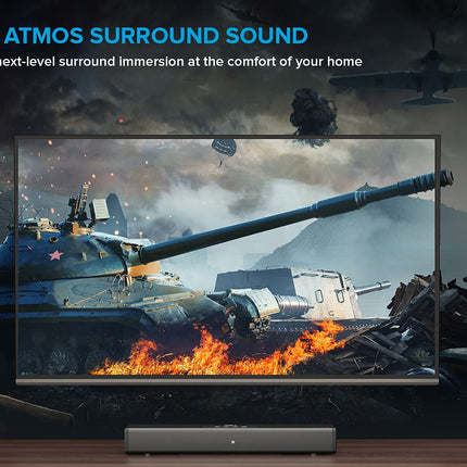 Creative Stage 360 ​​​​2.1 heliriba subwooferiga teleri, arvuti ja lauaarvuti jaoks, millel on Dolby Atmos, ruumiline heli, HDMI ARC/2.0, Bluetooth, optiline sisend ja IR-kaugjuhtimispult.