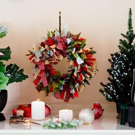 Christmas wreath, Christmas decoration, handmade, made from recycled, seasonal multi-colored, green, red fabric, GoodWeave certified, 30 cm diameter, suitable as a mobile, door or wall hanging