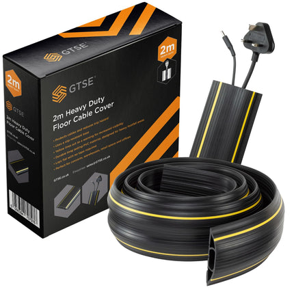 GTSE - Floor Cable Cover - Heavy Duty - Protects Cables &amp; Reduces Trip Hazards - Non-Slip Base - Black &amp; Yellow - 2 m Length - for Offices/Schools/Factories/Events