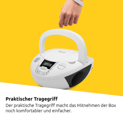 TechniSat Viola CD-1 - kaasaskantav stereo CD-mängija, boombox praktilise kandekäepidemega (lasteraadio, FM-raadio tuuner, Bluetooth-vastuvõtt, 2 x 1 W RMS-võimsus, vooluvõrgust ja akudest töötav) valge