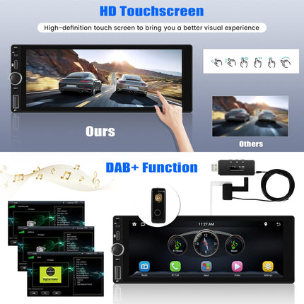 Dab+ 1 Din Android 13 Car Radio with Carplay &amp; Android Auto, MP5 Player, 6.86 inch HD Touchscreen Tempered Glass Radio with Bluetooth, FM/RDS, SWC EQ, MirrorLink+Rear View Camera&amp;Mic