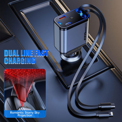 4-in-1 Retractable Car Charger, 120W Fast Charger Car Adapter, Dual USB-C Car Cigarette Lighter Charger, Compatible with iPhone 15/14/13/12, Samsung Galaxy S24, iPad Pro, PD30W &amp; QC3.0