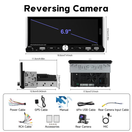 1-DIN autostereo juhtmevaba CarPlayga, Android Auto, Podofo Android raadio, 6,9-tolline puutetundliku ekraaniga automängija, mis toetab Bluetoothi/EQ/Mirror Linki, USB-A ja USB-C sisendit