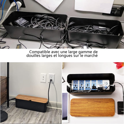 SENENQU Set of 2 cable boxes, black, large cable organizer box with wooden lid for cables, large and small cable management box, adapters, power strips, cable hiding box with 20 double-sided stickers